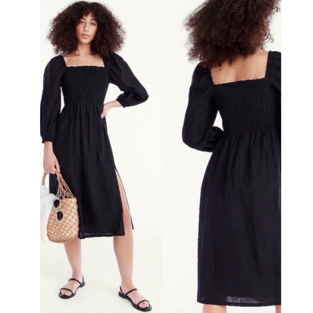 J.Crew Black Linen Smocked Puff Sleeve Midi Dress Square Neck Side Slit Womens S